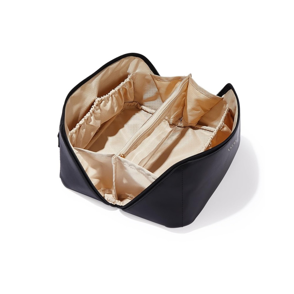 EACHY Travel Makeup Bag,Large Capacity Cosmetic Bags for Women,Waterproof Portable Pouch Open Flat Toiletry Bag Make up Bag with Divider and Handle, Gifts for Women (Black, Medium)