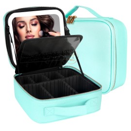 MOMIRA Travel Makeup Bag Cosmetic Bag Makeup Organizer Bag with Lighted Mirror, Adjustable Brightness in 3 Color Scenarios, Waterproof Makeup Train Case, Gift for Women - Emerald Green