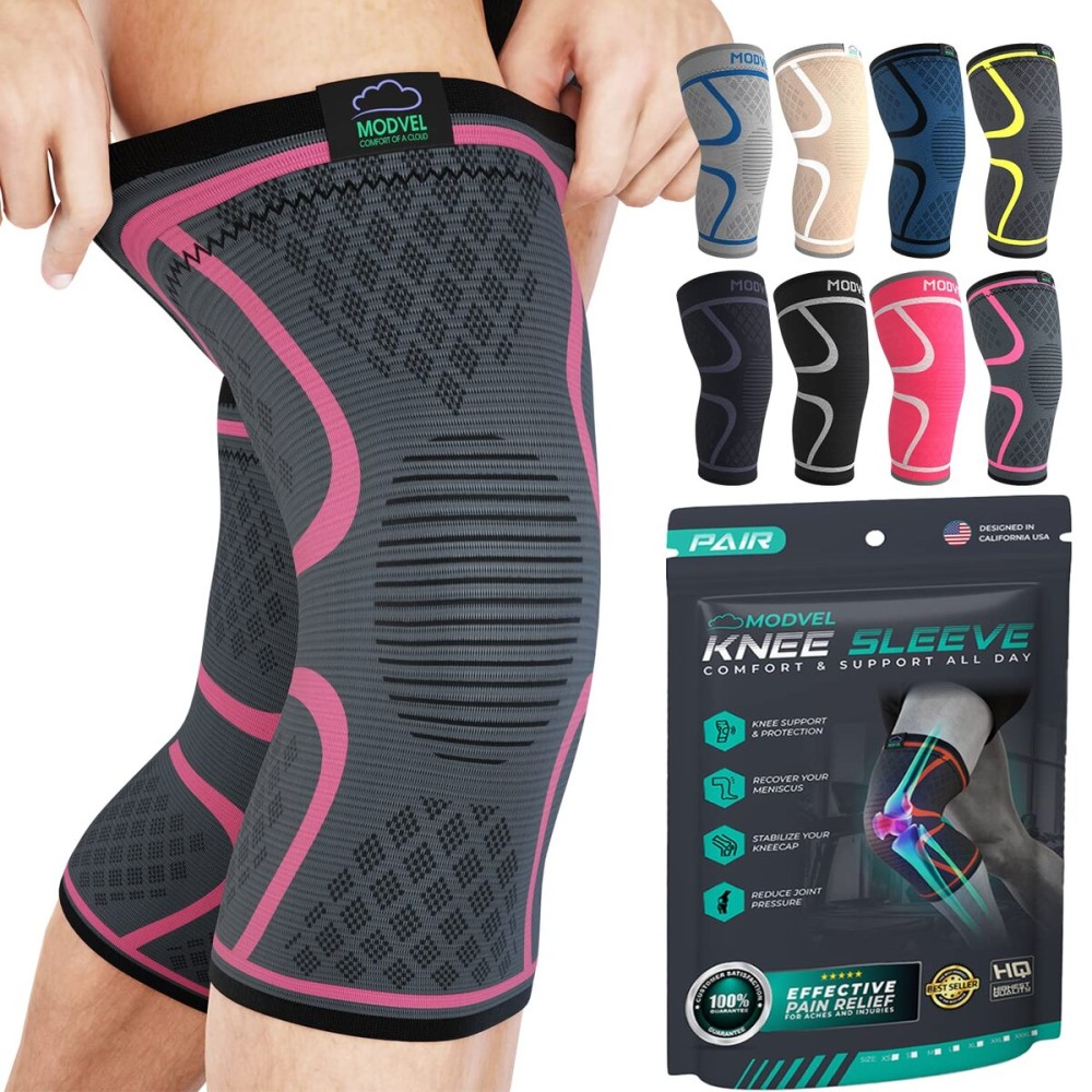 Modvel 2 Pack Knee Brace for Women & Men - Workout Knees Compression Sleeve for Knee Pain Relief Joint Support for ACL, Arthritis, Meniscus Tear Knees Brace for Sports, Rodilleras para Gym Fitness