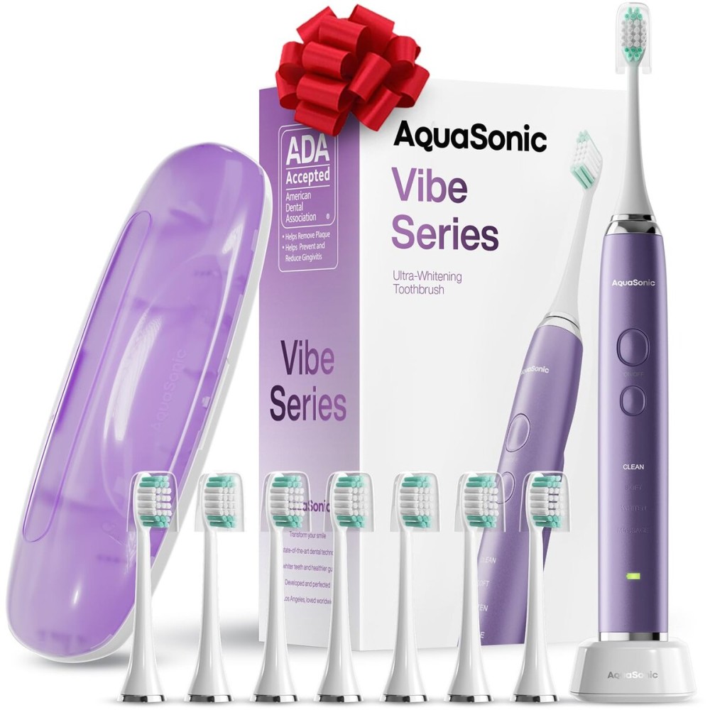Aquasonic Vibe Series Ultra-Whitening Toothbrush - ADA Accepted Electric Toothbrush - 8 Brush Heads & Travel Case - 40,000 VPM Motor & Wireless Charging - 4 Modes w Smart Timer - Satin Violet
