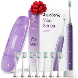 Aquasonic Vibe Series Ultra-Whitening Toothbrush - ADA Accepted Electric Toothbrush - 8 Brush Heads & Travel Case - 40,000 VPM Motor & Wireless Charging - 4 Modes w Smart Timer - Satin Violet