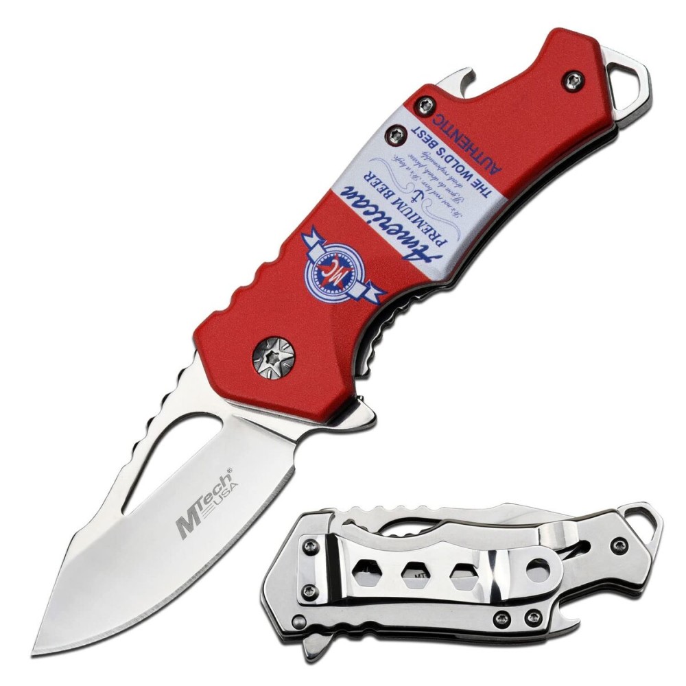 MTECH USA - Spring Assisted Folding Knife - Satin Finish Fine Edge Steel Blade, Aluminum Handle w/Belgian Beer Graphic, Bottle Opener and Pocket Clip, Tactical, EDC, Self Defense- MT-A88B