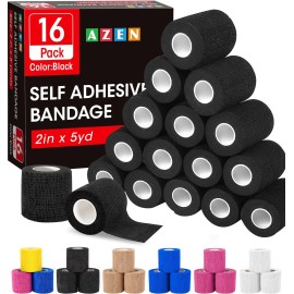 AZEN 16 Pack Self Adhesive Bandage Wrap Black, 2 X 5 Yards Black Athletic Tape, Vet Wrap, Tattoo Grip Tape WrapAnkle Tape, Cohesive Bandage Wrap