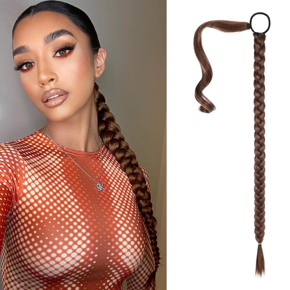 SEIKEA Upgraded Long Braid Ponytail Extension with Elastic Tie Straight Sleek Wrap Around Braid Hair Extensions Ponytail Medium Brown with Medium Auburn 26 Inch (After Braided 23 Inch)