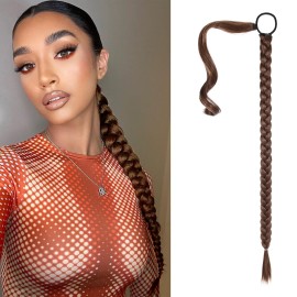 SEIKEA Upgraded Long Braid Ponytail Extension with Elastic Tie Straight Sleek Wrap Around Braid Hair Extensions Ponytail Medium Brown with Medium Auburn 26 Inch (After Braided 23 Inch)