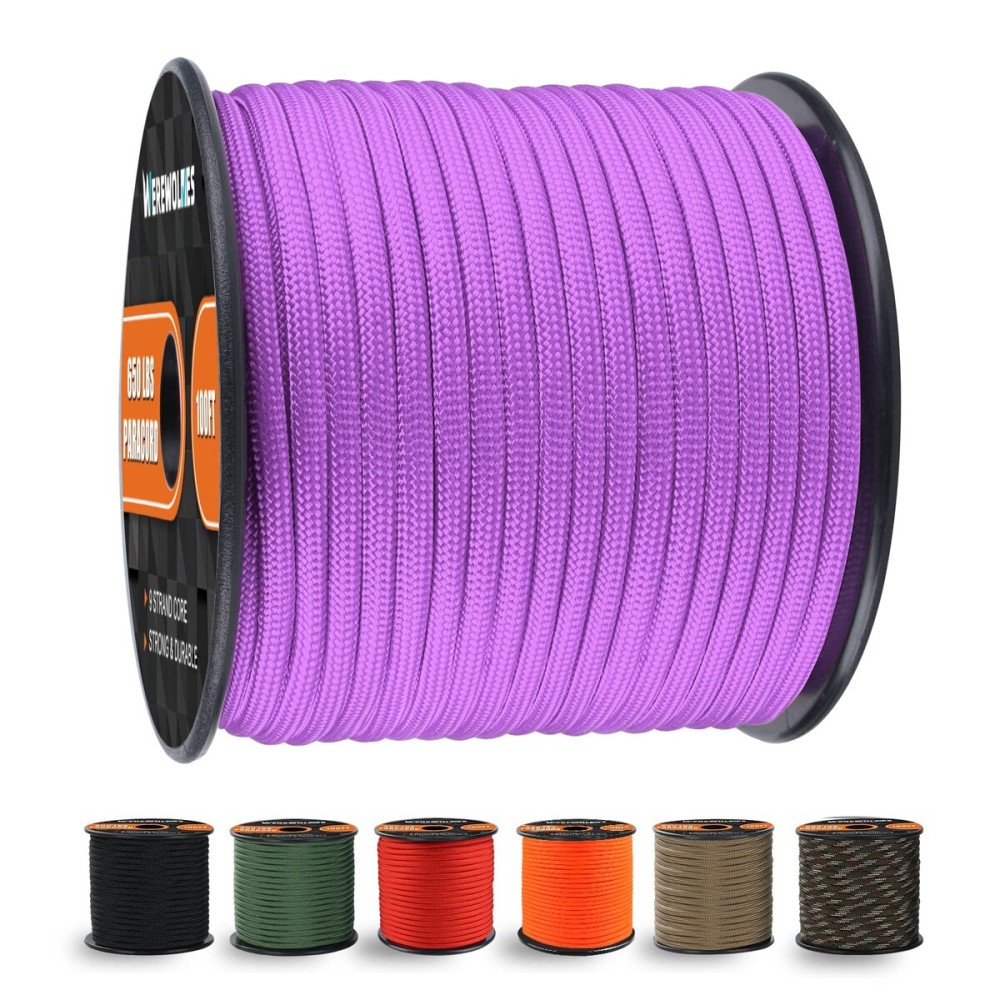WEREWOLVES 650lb Paracord/Parachute Cord - 9 Strand Paracord Rope - 100\', 200\' Spools of Parachute Cord, Type III Paracord for Camping, Survival (Lilac Purple, 100 Feet)