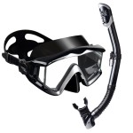 Snorkel Set Pano 3 Adult Snorkeling Gear, Professional Anti-Fog Snorkel Mask Dry Top Snorkel, Tempered Glass Scuba Diving Mask for Freediving, Snorkeling and Swimming(Black Set)