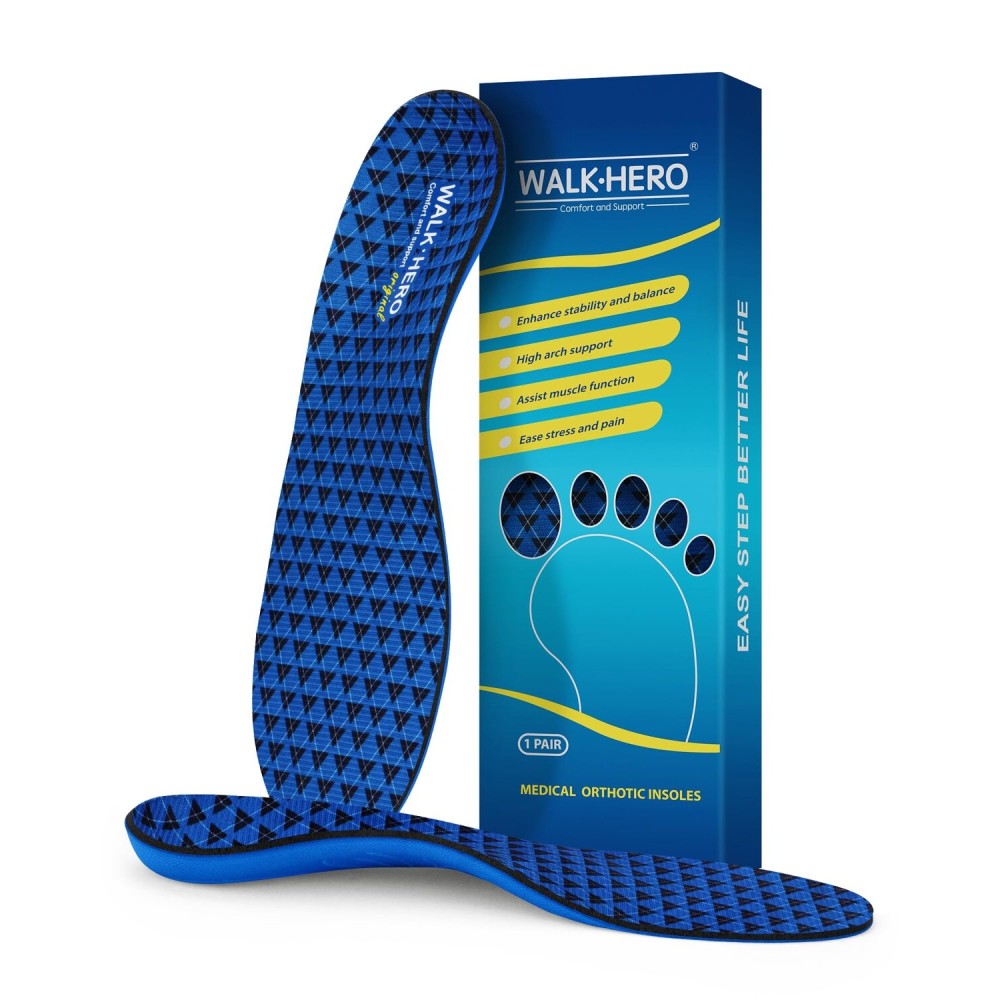 Walkhero Plantar Fasciitis Insoles - High Arch Support Inserts for Men and Women, Flat Foot Orthotic Insoles, Relieve Foot Pain and Fatigue (Mens 4-4 1/2 | Womens 6-6 1/2 Blue)
