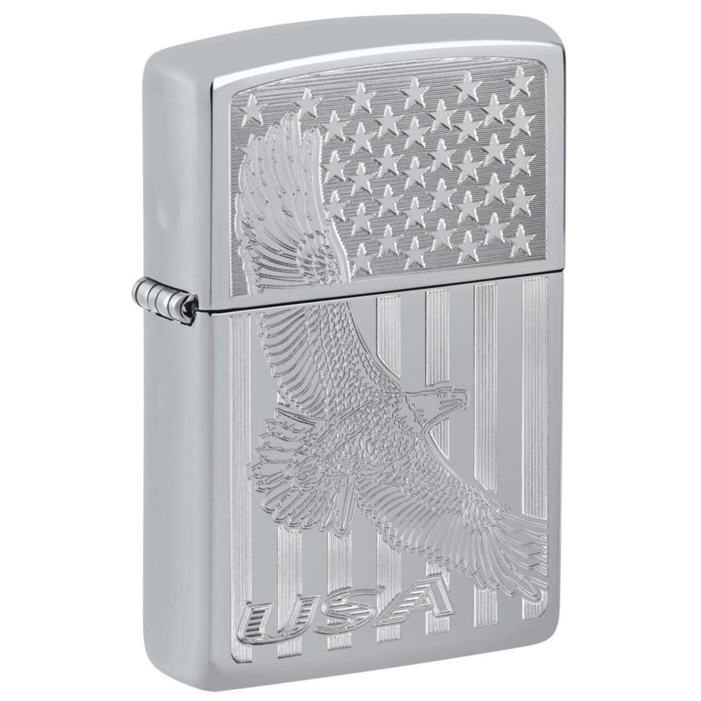 Zippo Lighter: USA Flying Eagle and Flag, Engraved - High Polish Chrome 81395