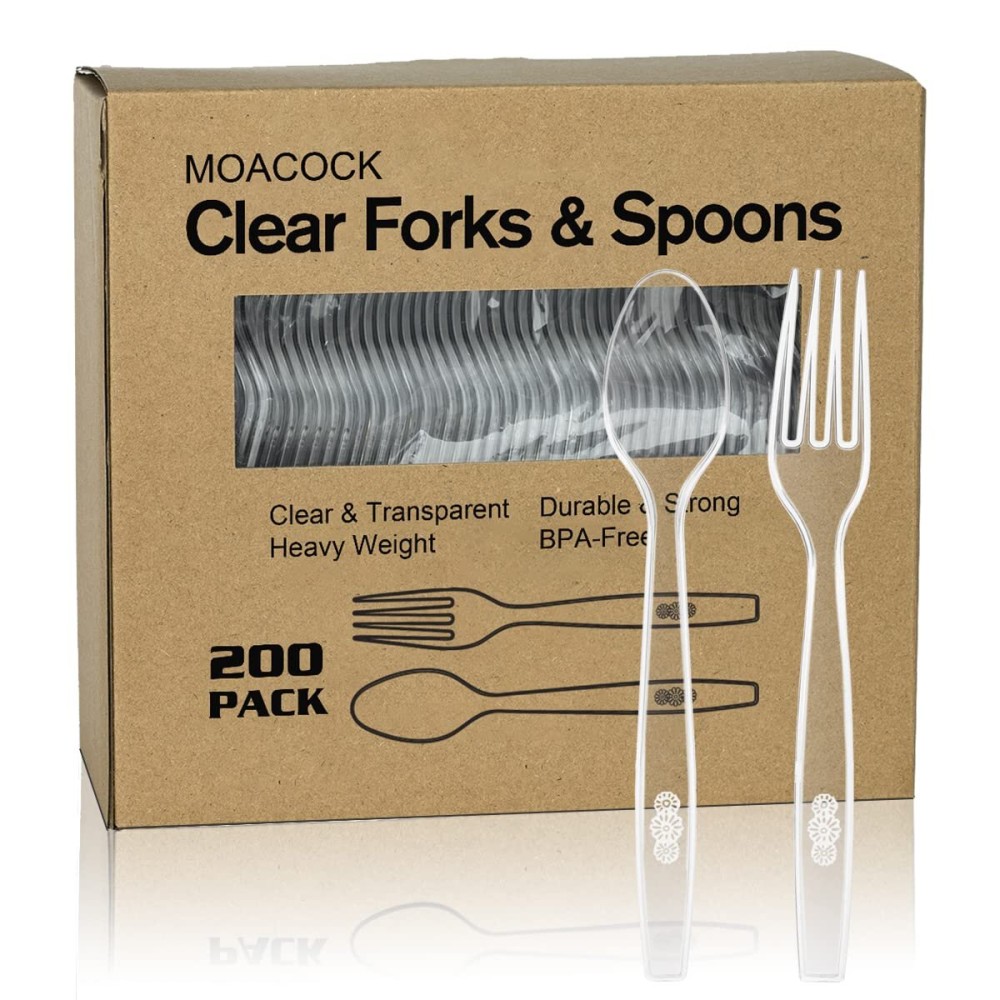 MOACOCK 200 Count Plastic Silverware, Heavy Weight Plastic Forks Spoons Disposable Utensils Cutlery Set for Wedding Party Supplies Everyday Use