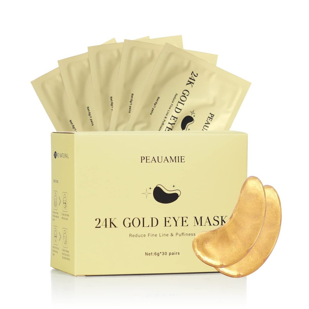 PEAUAMIE Under Eye Patchs 24k Gold Eye Mask and Hyaluronic Acid and Rose for Dark Circles and Puffiness Wrinkle Eye Bags 30 Pairs