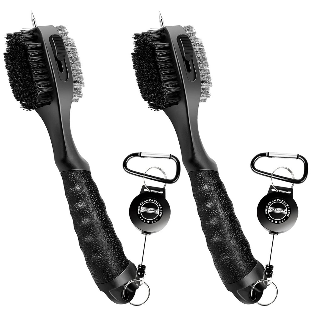 CHAMPKEY PRO Retractable Golf Club Brush - Oversized Brush Head with Soft Rubber Hand Grip & Retractable Groove Cleaner Golf Brush(Black(2 Pcs))