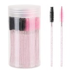 100 Pcs Disposable Mascara Wands, Crystal Eyebrow Spoolies Brush for Eyelash Extensions, Lash Brushes with Container, Pink Stick Black Head,Pink