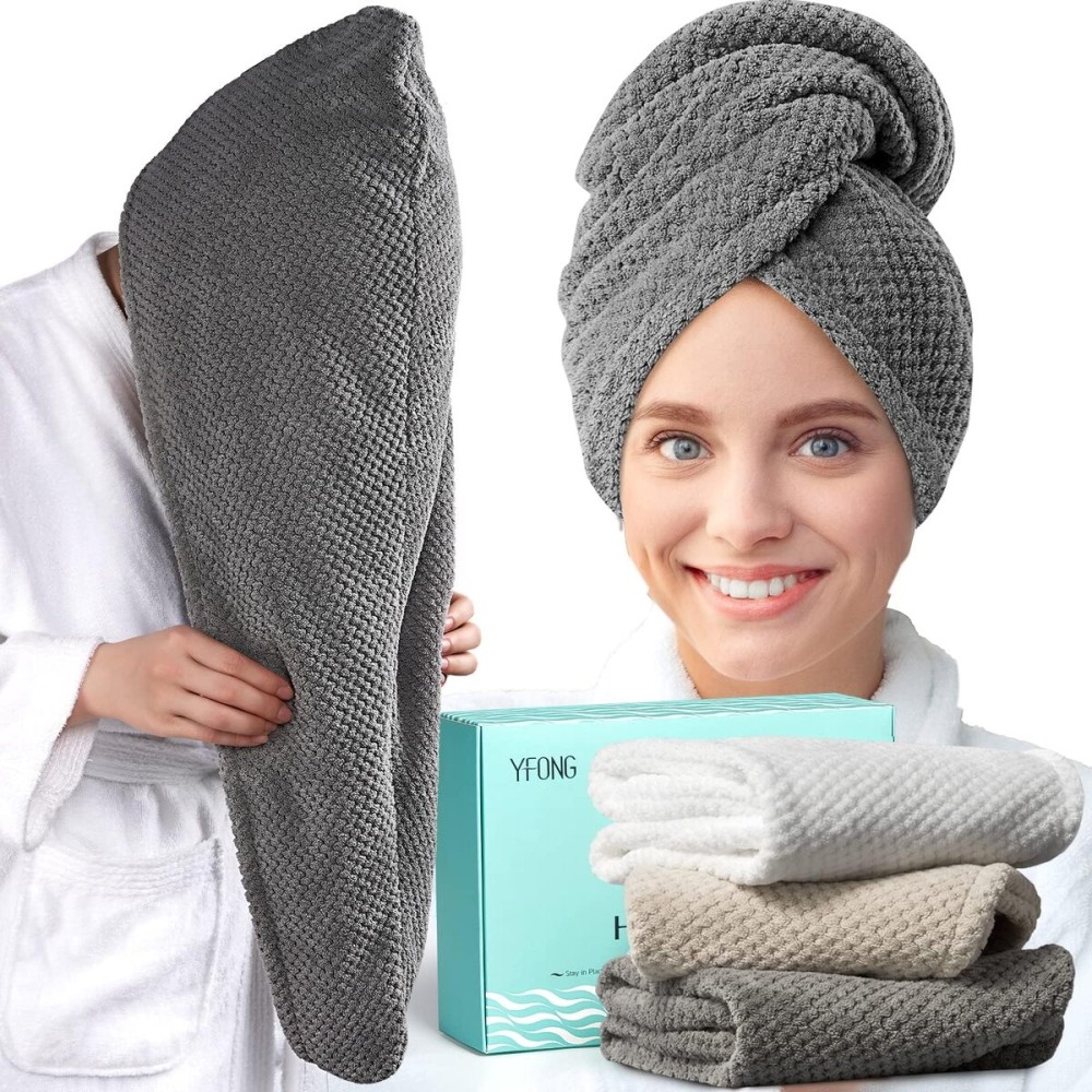 YFONG 3 Pack Large Microfiber Hair Towel Wrap, 30 x 10 Anti Frizz Quick Dry Hair Towels for Women Long, Curly, Thick Hair, Super Absorbent Hair Turban for Wet Hair (Grey, White, Camel)