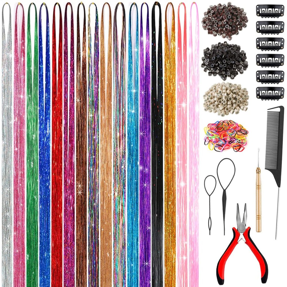 Hair Tinsel Kit (48 Inch, 16 Colors, 5200 Strands), Glitter Tinsel Hair Extensions with Tools, Fairy Heat Resistant Hair Tinsel Accessories for Women Girls Kids