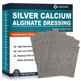 Ceeport Ag Silver Calcium Alginate Wound Dressing Pads 3\'\' x 3\'\' (Pack of 10), Soft Highly Absorbent Silver Wound Dressing, Non-Adhesive Dressing for Wound Care, Painless Removal Gauze Pads for Wounds