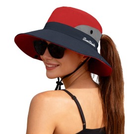 ZOORON 1 Pack Women\'s Ponytail Safari Sun Hat,Wide Brim UV Protection Outdoor Bucket Hat,Foldable Beach Summer Fishing Hat(red)