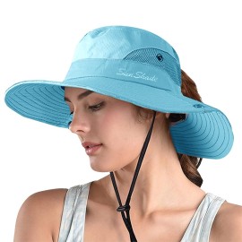 ZOORON 1 Pack Women\'s Ponytail Safari Sun Hat,Wide Brim UV Protection Outdoor Bucket Hat,Foldable Beach Summer Fishing Hat(pureblue)