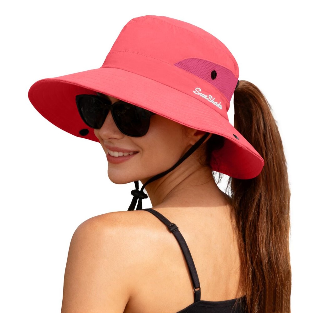ZOORON 1 Pack Women\'s Ponytail Safari Sun Hat,Wide Brim UV Protection Outdoor Bucket Hat,Foldable Beach Summer Fishing Hat(purewatermelonred)