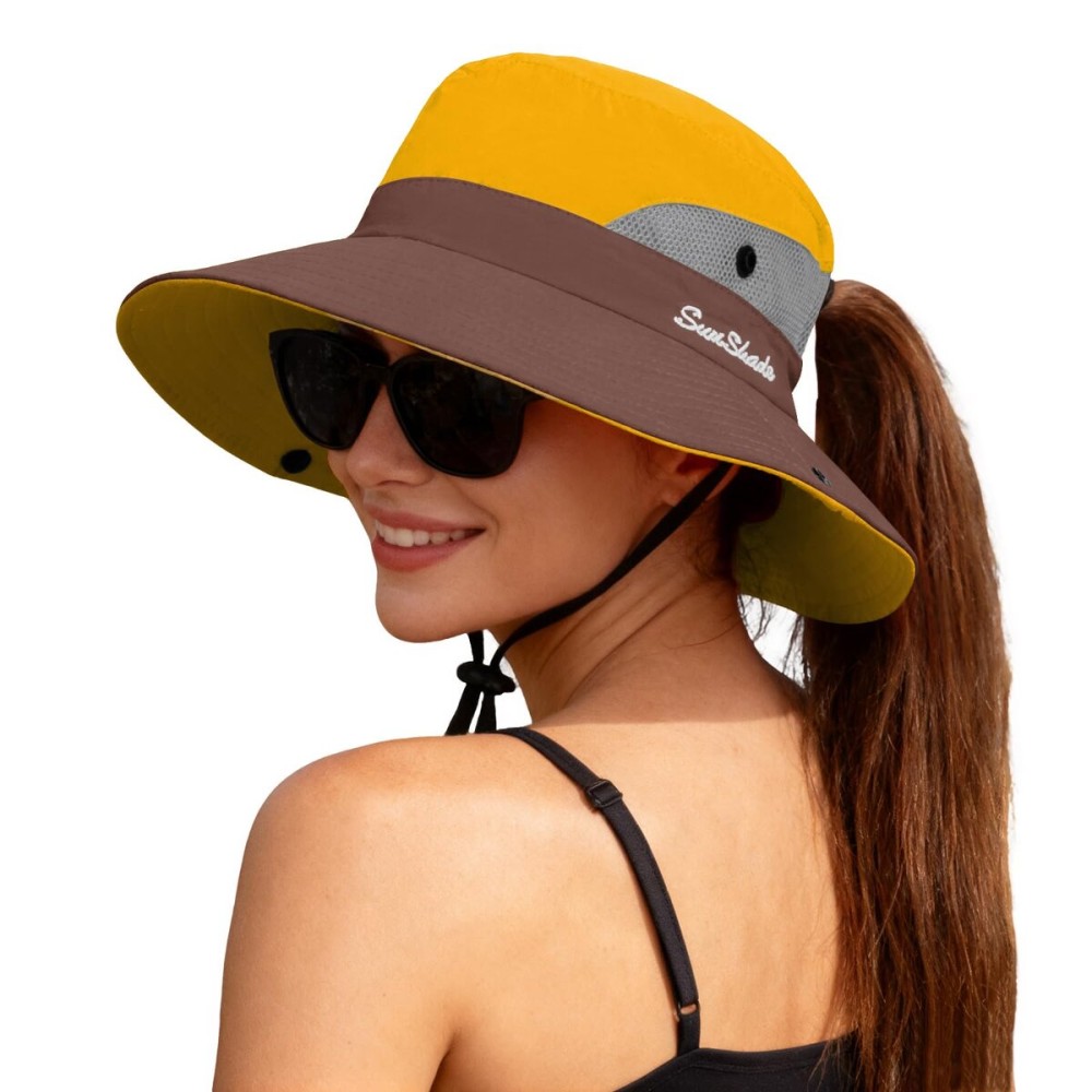 ZOORON 1 Pack Women\'s Ponytail Safari Sun Hat,Wide Brim UV Protection Outdoor Bucket Hat,Foldable Beach Summer Fishing Hat(Yellow)