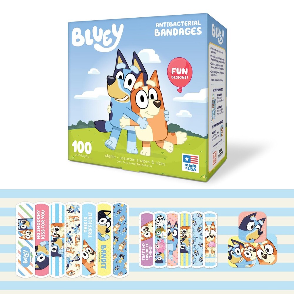 Bluey Kids Bandages, 3 Assorted Sizes 100 CT | Wear Like Stickers, Flexible Adhesive Bandages for Minor Cuts, Scrapes, and Burns. Great Gift idea and Stocking Stuffer