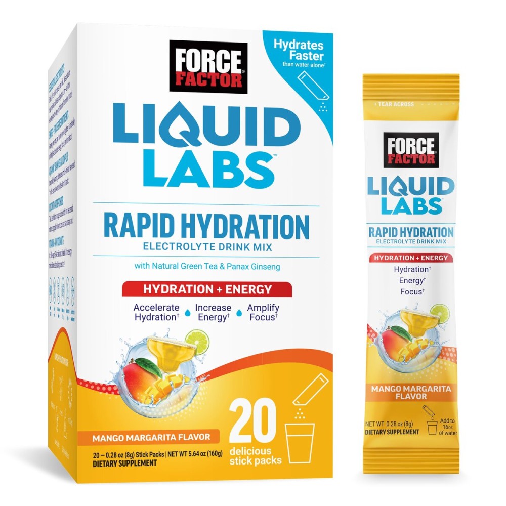 Force Factor Liquid Labs Electrolytes Powder Packets-Mango Margarita-Energy Hydration Packets to Make Electrolyte Water with 5 Essential Electrolytes, Vitamins, Minerals & Antioxidants, 20 Stick Packs