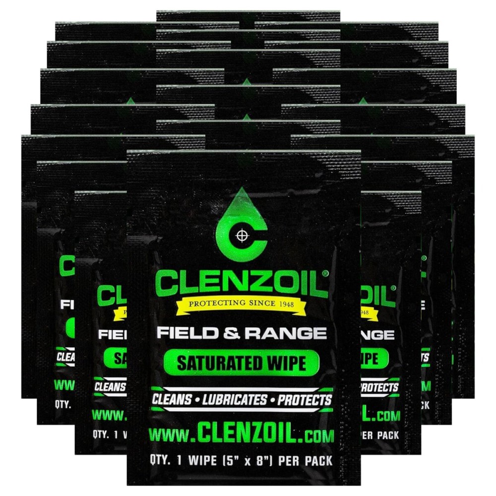Clenzoil Field & Range Single Wipe Multi-Pack - Individual CLP Cleaning Wipes - For Hunting Firearm Maintenance - Removes Dirt & Oils - No-Mess Gun Cleaner - 20-Wipe Pack
