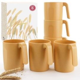Wrova 16oz Wheat Straw Cups with handles set of 6-Plastic Cups Reusable-Unbreakable Kids Mugs-Dishwasher Safe & Microwave Safe-Ideal Mugs for Tea,Coffee,Camping,RV-Banana Yellow