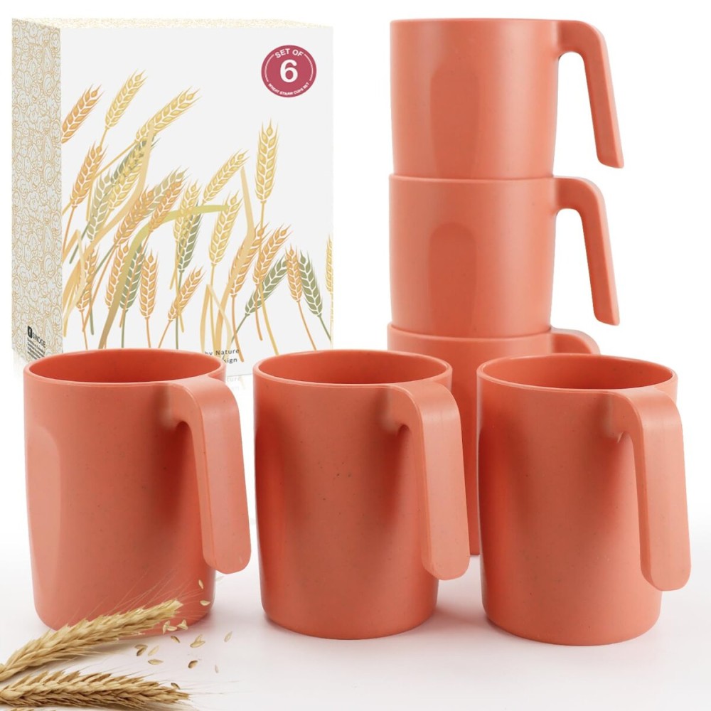 Wrova 16oz Wheat Straw Cups with handles set of 6-Plastic Cups Reusable-Unbreakable Kids Mugs-Dishwasher Safe & Microwave Safe-Ideal Plastic Mugs for Tea,Coffee,Camping,RV-Orange