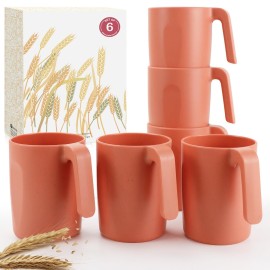 Wrova 16oz Wheat Straw Cups with handles set of 6-Plastic Cups Reusable-Unbreakable Kids Mugs-Dishwasher Safe & Microwave Safe-Ideal Plastic Mugs for Tea,Coffee,Camping,RV-Orange