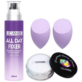 UCANBEMAKUP Long Lasting Makeup Setting Spray Kit- 6.76 Fl oz Hydrating Matte Finish Mist Lightweight Face Make up Fixer +Translucent Loose Setting Powder+2PC Sponge Puff Set
