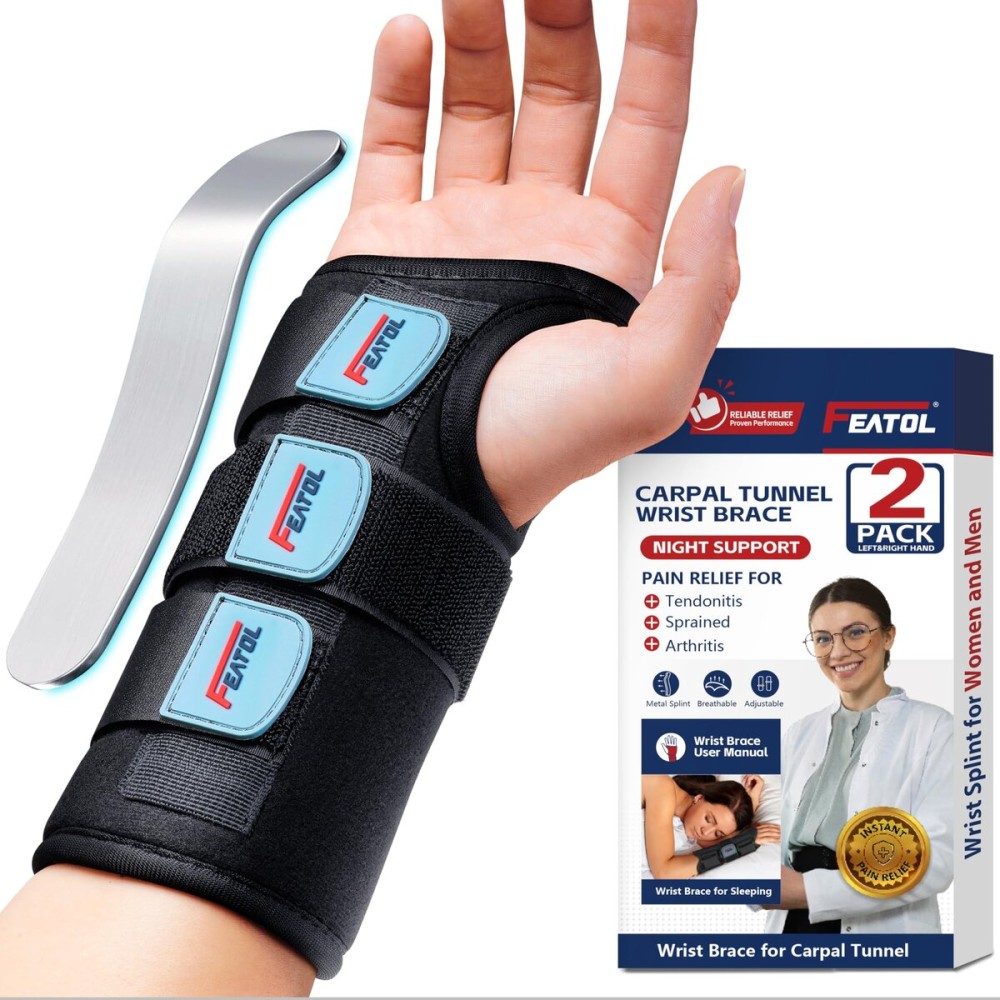 FEATOL Carpal Tunnel Wrist Brace Night Support 2 Pack - Wrist Splint for Pain Relief Tendonitis, Sprained, Arthritis - Metal Splint Stabilizer With Hand Brace -FOR Sleeping Women Men -Right&Left(S/M)