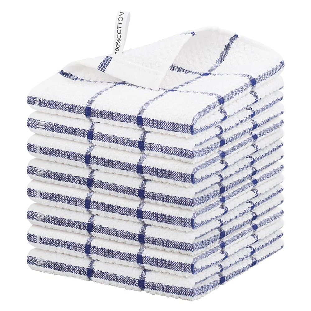 Nialnant Cotton Terry Kitchen Towels,12 x 12 Inches Dish Cloths Set of 8,Super Soft and Absorbent Dish Rags for Cleaning - Navy Blue Plaid