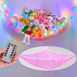 Unicorn Castle Stuffed Animal Net Hammock Kids Toy Storage with LED Light Plush Toy Organizer Corner Hanging Stuffed Animal Holder For Nursery Kids Girls Room Decor