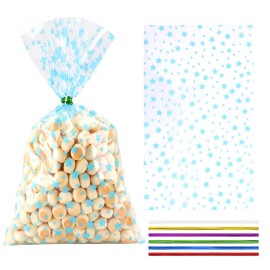 COQOFA 100 Pcs 7X12 Blue Star Printed Clear Gift Cellophane Treat Bag Party Favor bags Clear Candy Cookie Bag Plastic Poly Goodie Storage Bags with Twist Ties for Baby Shower,Gender Reveal, Birthday, Wedding ,Party Decorations