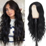 HMHIFI Long Black Wavy Wigs for Women 26Inch Curly Hair Wig Middle Part Lace Wig Natural Looking Hair Replacement Wig Cosplay Costume Halloween Wig