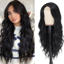HMHIFI Long Black Wavy Wigs for Women 26Inch Curly Hair Wig Middle Part Lace Wig Natural Looking Hair Replacement Wig Cosplay Costume Halloween Wig