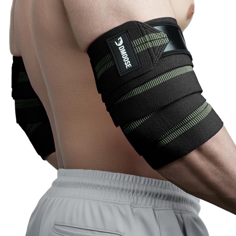 DMoose Fitness Elbow Wraps for Weightlifting (Pair) - 40\'\' Adjustable Elbow Strap for Gym Workout, Bench Press & Powerlifting - Compression Wraps for Tendonitis & Joint Support (Green Stripes)