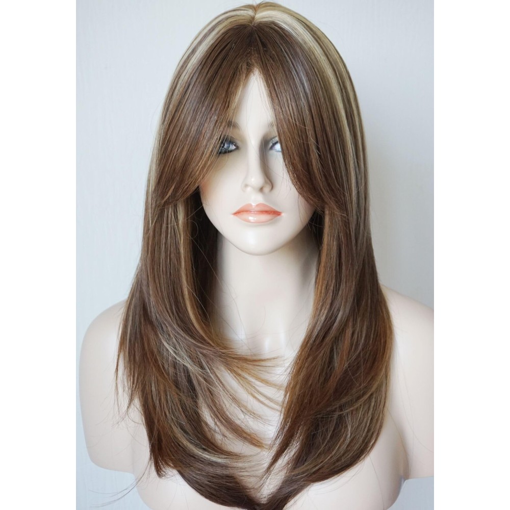 Long Layered Shoulder Length wig light brown with blonde highlight wig Synthetic Hair Fiber Highlight Multicolor Wigs for White Women Mixcolor