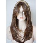 Long Layered Shoulder Length wig light brown with blonde highlight wig Synthetic Hair Fiber Highlight Multicolor Wigs for White Women Mixcolor