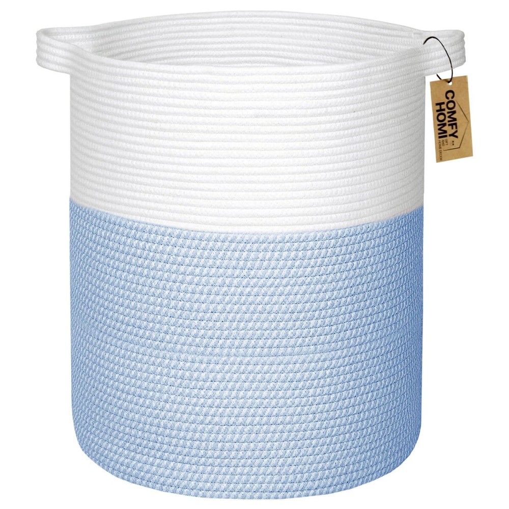 COMFY-HOMI XXL Large Laundry Basket with Handles Blanket Baskets Living Room|Woven Cotton Rope Decorative Basket Laundry Hamper Baby Basket Nursery Dog Toy Storage Organizer Bin-16x18-White/Blue