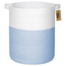 COMFY-HOMI XXL Large Laundry Basket with Handles Blanket Baskets Living Room|Woven Cotton Rope Decorative Basket Laundry Hamper Baby Basket Nursery Dog Toy Storage Organizer Bin-16x18-White/Blue
