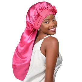 YANIBEST Long Bonnet Satin Bonnet for Sleeping Braid Bonnet with Tie Band Silk Sleep Bonnet for Women Locs Hot Pink