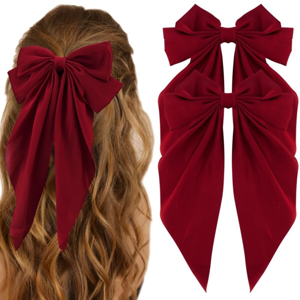 ATODEN Red Silky Satin Large Oversized Bowknot Hair Bows 2Pcs Long Tail Barrettes Metal Clips Aesthetic Hair Accessories Christmas Gifts