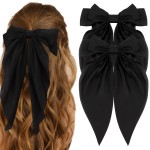ATODEN Black Hair Bow Silky Satin Large Hair Bows 2Pcs Big Hair Bows Hair Ribbons Oversized Long Tail Bows Hair Barrettes Ribbon Metal Clips Bowknot Aesthetic Hair Accessories for Women Girls