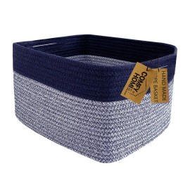 COMFY-HOMI Rectangular Cotton Rope Basket With Handles for Shelves|Dog Toy|Baby Gift - Dark Blue (13.5 x 11 x 9.5)