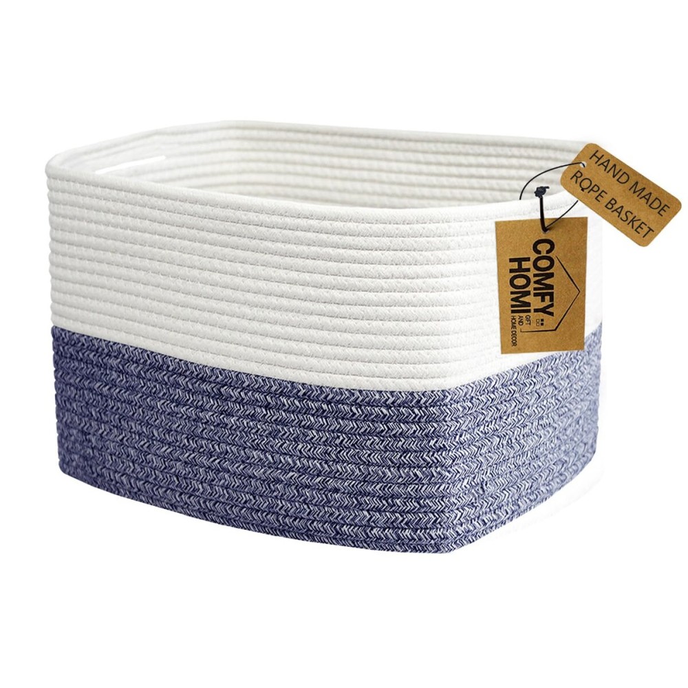 COMFY-HOMI Medium Cotton Rope Basket With Handles for Shelves|Dog Toy|Baby Gift Basket Empty for Organizing|NEW Generation 13.5 x 11 x 9.5 Living Room (Navy Blue)