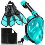 Viginsul Mask Fins Snorkeling Gear for Adults, Full Face Snorkel Mask & Adjustable Swim Fins Snorkel Set, Panoramic View Snorkel Mask Dry Top Anti-Fog Anti-Leak