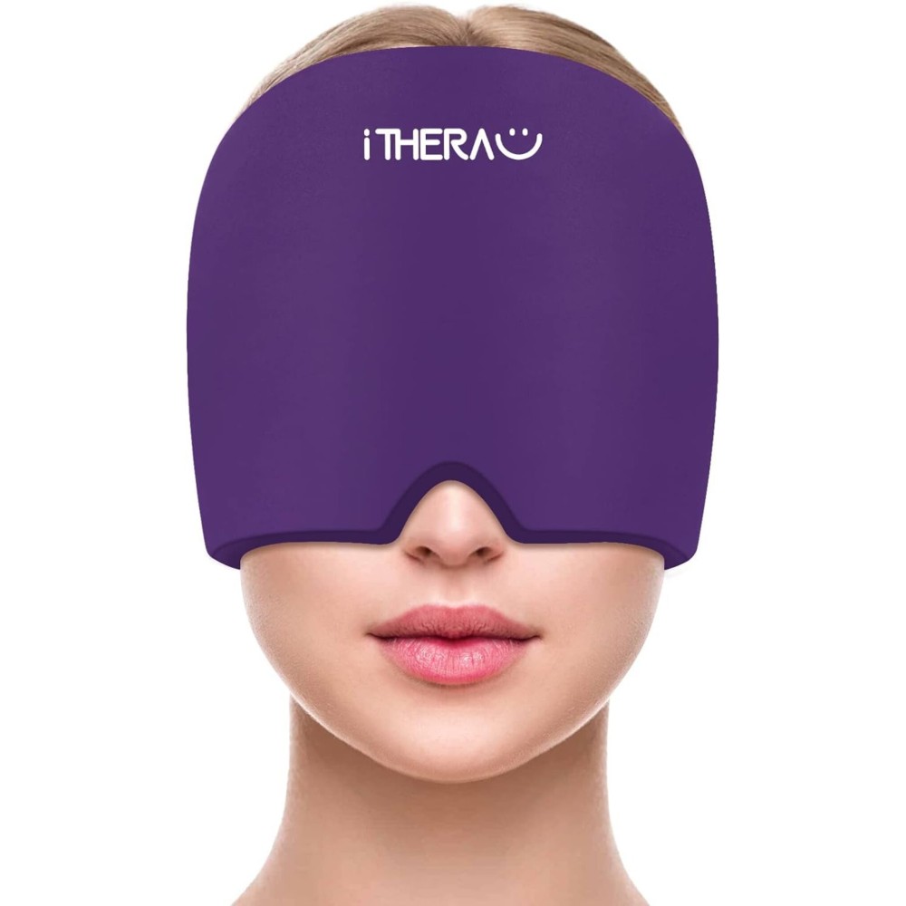 iTHERAU Migraine Relief Cap, Migraine Ice Head Wrap, Headache Ice Hat, Cold Therapy Headache Relief Cap for Migraine Eyes Mask Purple Headache Ice Pack for Puffy Eyes, Tension, Sinus & Stress Relief