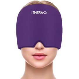 iTHERAU Migraine Relief Cap, Migraine Ice Head Wrap, Headache Ice Hat, Cold Therapy Headache Relief Cap for Migraine Eyes Mask Purple Headache Ice Pack for Puffy Eyes, Tension, Sinus & Stress Relief